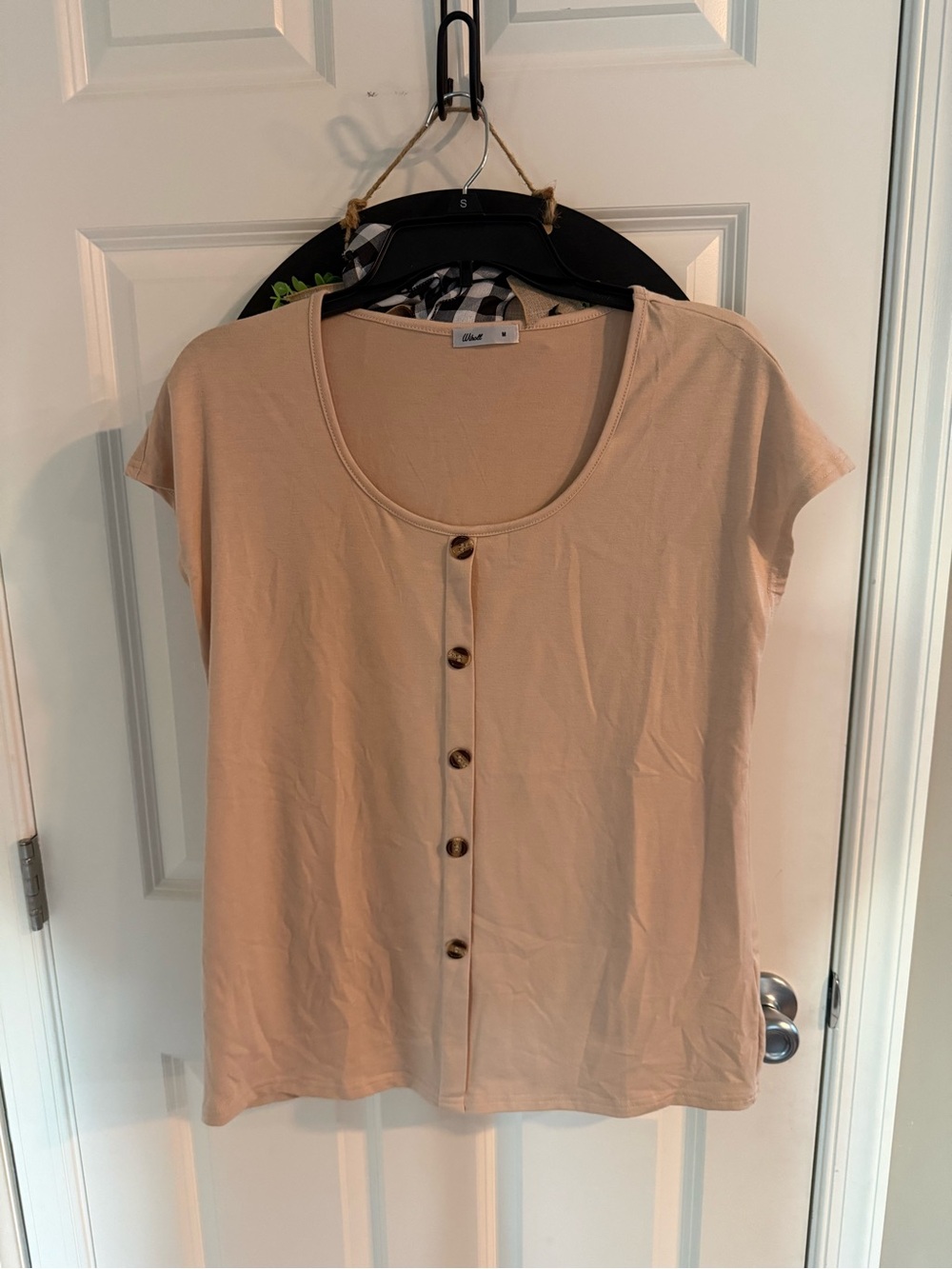 Beige Short-Sleeve Scoop Neck Tee with Button Front